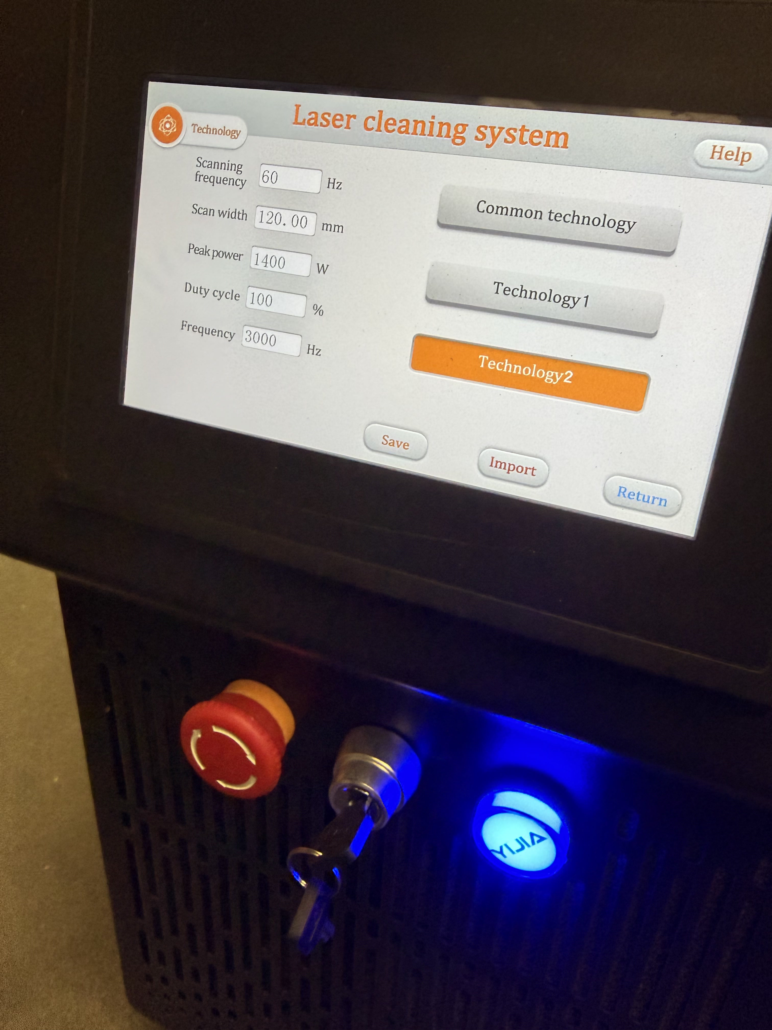 MCW1500 touchscreen showing live operating parameters captured during a job — scanning frequency 60 Hz, scan width 120 mm, peak power 1400 W, duty cycle 100%, frequency 3000 Hz