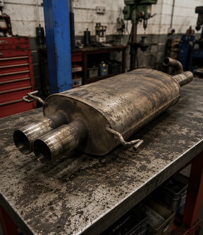 VW Golf Mk5/Mk6 OEM rear muffler before laser cleaning — surface rust, soot and discolouration