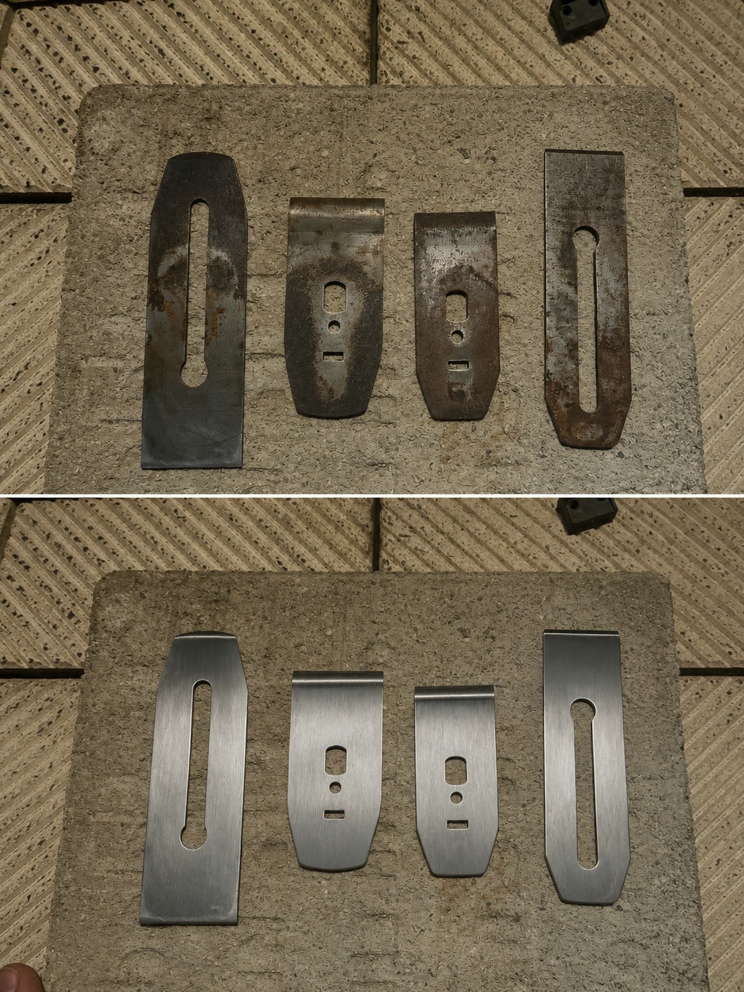 Four hand-plane blades on sandstone — top row before laser cleaning, bottom row after — rust and oxidation cleared, original tool profile and maker's marks preserved