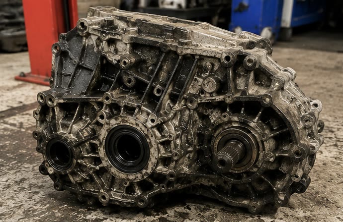 VW Golf Mk6 02Q gearbox case caked in oily grime — before laser cleaning